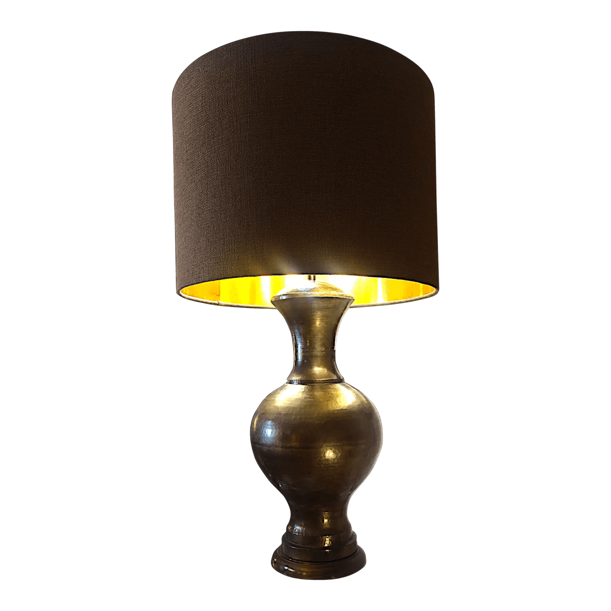 1940s Italian Monumental Hammered Brass Seamless Bulbous Table Lamp on Mahogany Plinth - Thumbnail 2