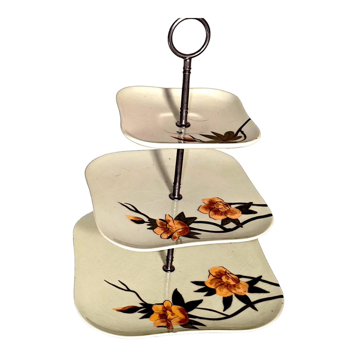 1941 Hand Decorated Weil Ware California Pottery 3-Tiered Serving Tray Rose Green Pattern - Thumbnail 2