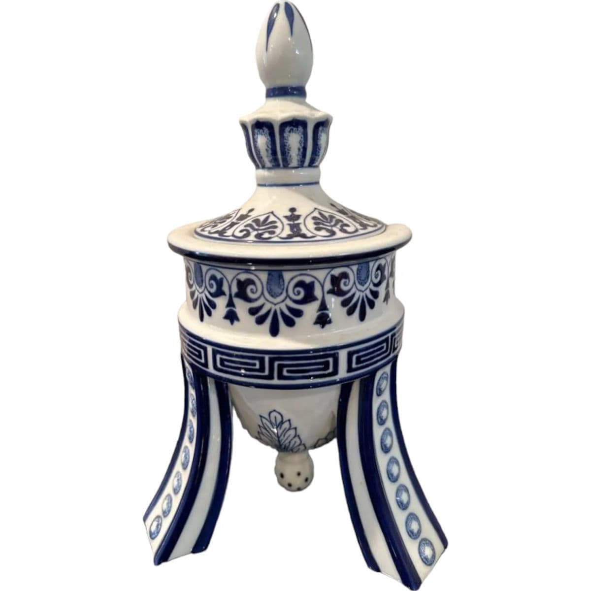 1990s Boston Company Blue and White 3 Legged Temple Ginger Jar / Urn - Thumbnail 3