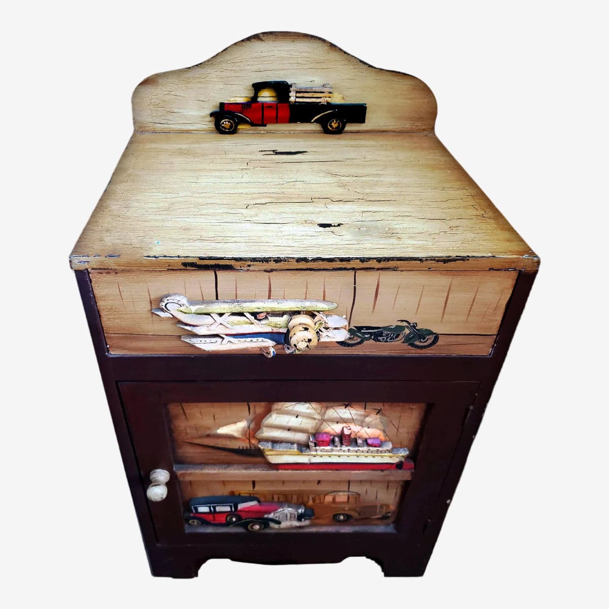 Rustic Storage Cabinet Nightstand Adorned With Hand Painted Wood Planes, Ships & Trucks