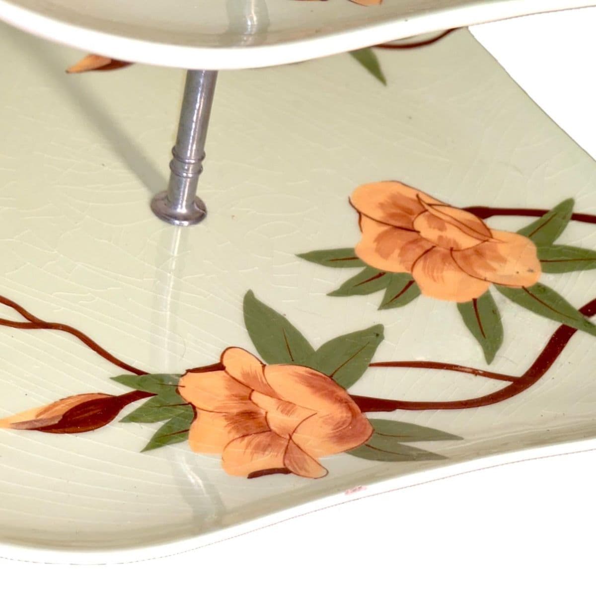 1941 Hand Decorated Weil Ware California Pottery 3-Tiered Serving Tray Rose Green Pattern - Thumbnail 6