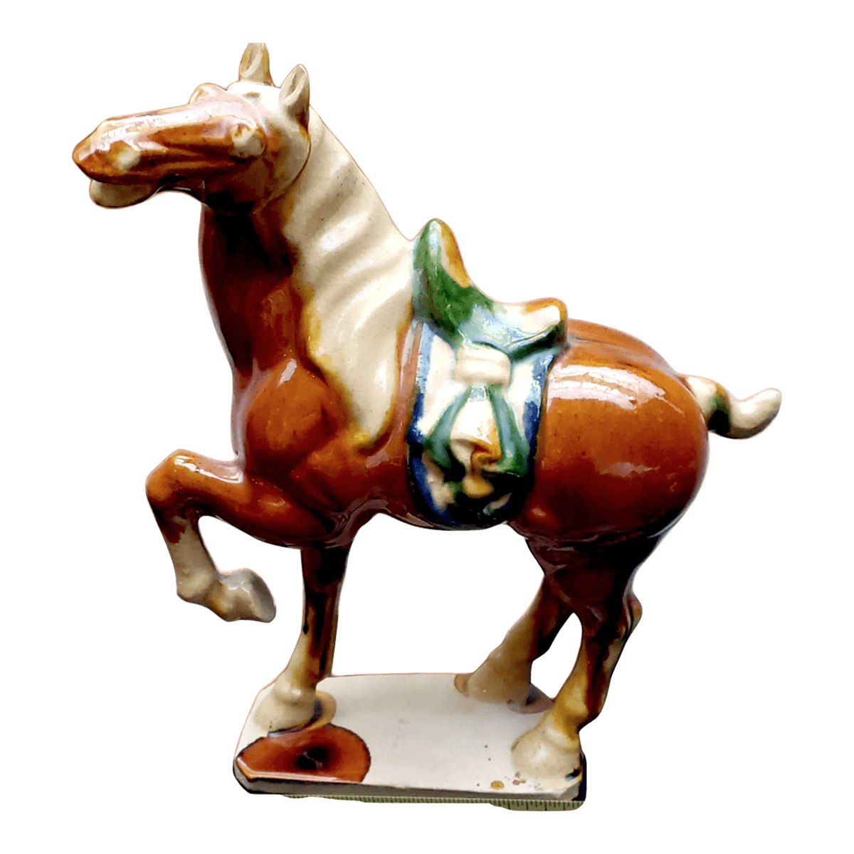 Signed 1950s Tang Style Horse Figurine Sancai Glazed in Green, Brown and Cream - Thumbnail 2