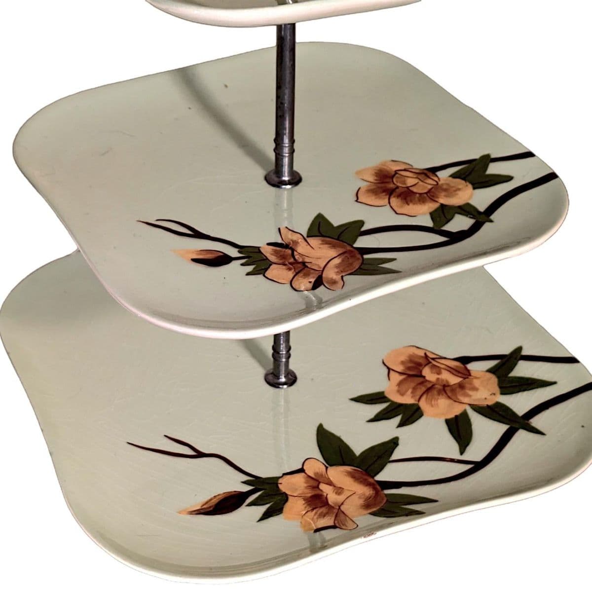 1941 Hand Decorated Weil Ware California Pottery 3-Tiered Serving Tray Rose Green Pattern - Thumbnail 5