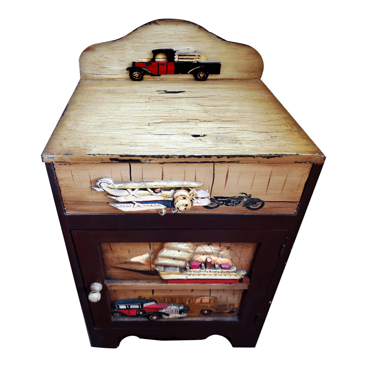 Rustic Storage Cabinet Nightstand Adorned With Hand Painted Wood Planes, Ships & Trucks - Thumbnail 2
