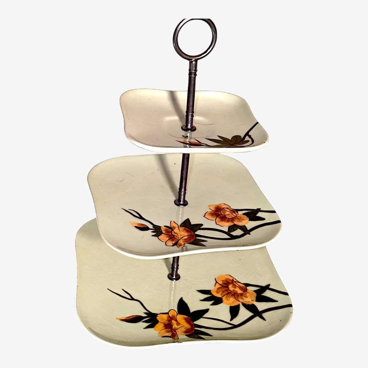 1941 Hand Decorated Weil Ware California Pottery 3-Tiered Serving Tray Rose Green Pattern