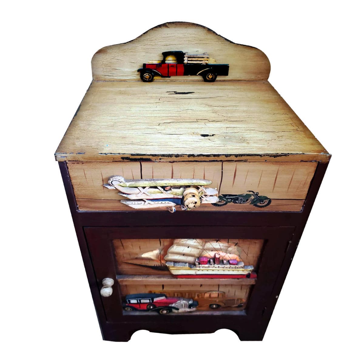 Rustic Storage Cabinet Nightstand Adorned With Hand Painted Wood Planes, Ships & Trucks - Thumbnail 12