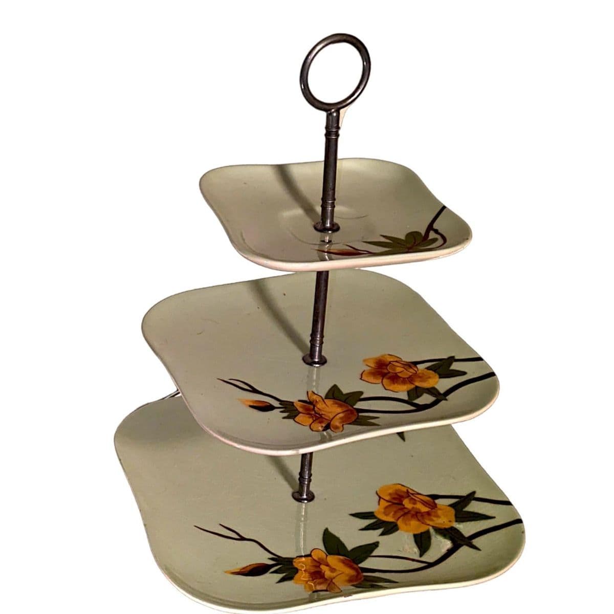 1941 Hand Decorated Weil Ware California Pottery 3-Tiered Serving Tray Rose Green Pattern - Thumbnail 3