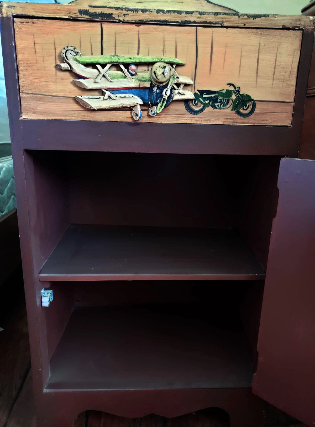 Rustic Storage Cabinet Nightstand Adorned With Hand Painted Wood Planes, Ships & Trucks - Thumbnail 7