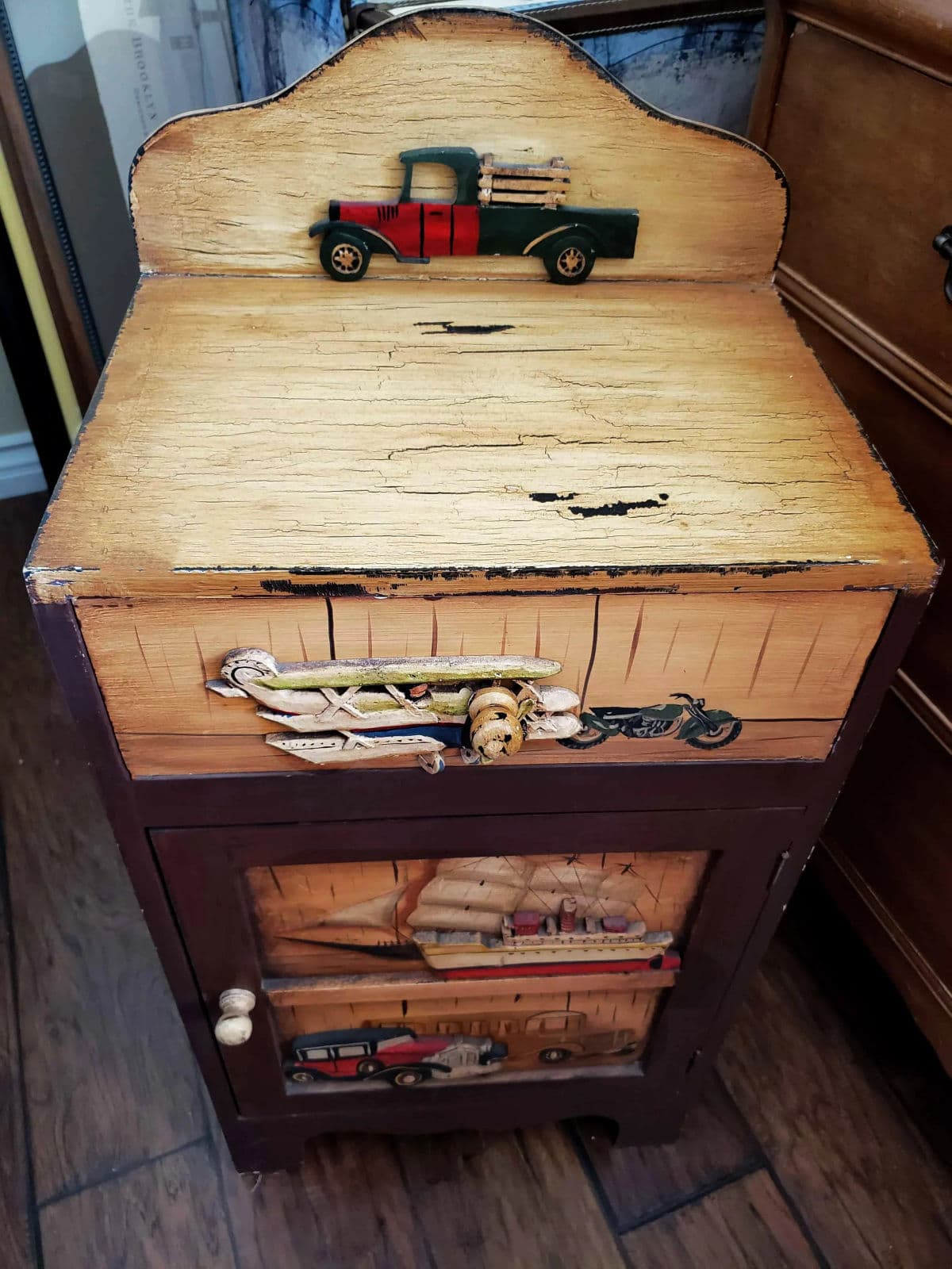 Rustic Storage Cabinet Nightstand Adorned With Hand Painted Wood Planes, Ships & Trucks - Thumbnail 3