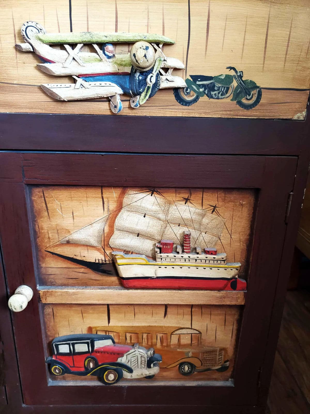 Rustic Storage Cabinet Nightstand Adorned With Hand Painted Wood Planes, Ships & Trucks - Thumbnail 5