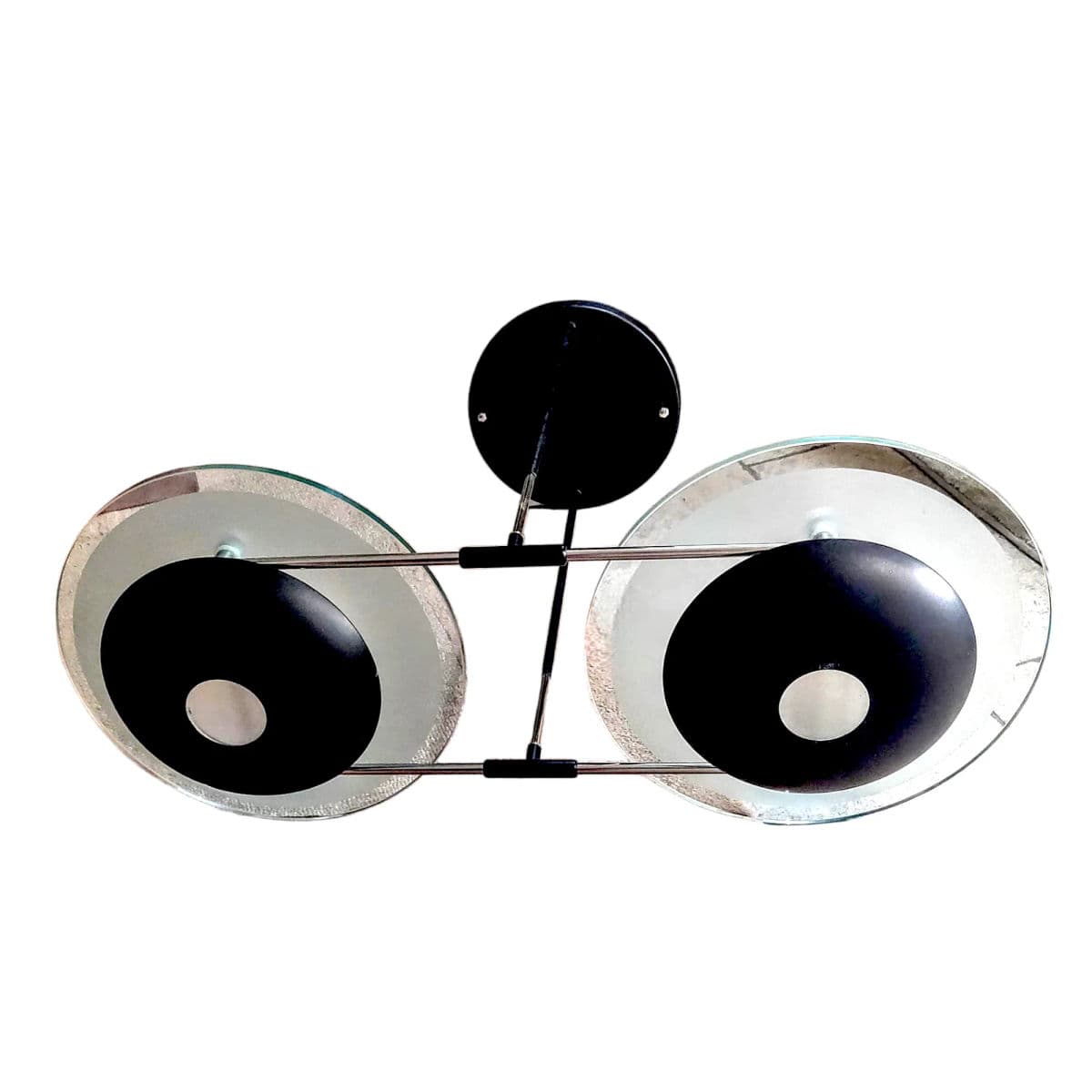 90s Postmodern Black Metal & Glass Dbl Pendant Chandelier in the Manner of Arte Fontana - Thumbnail 3