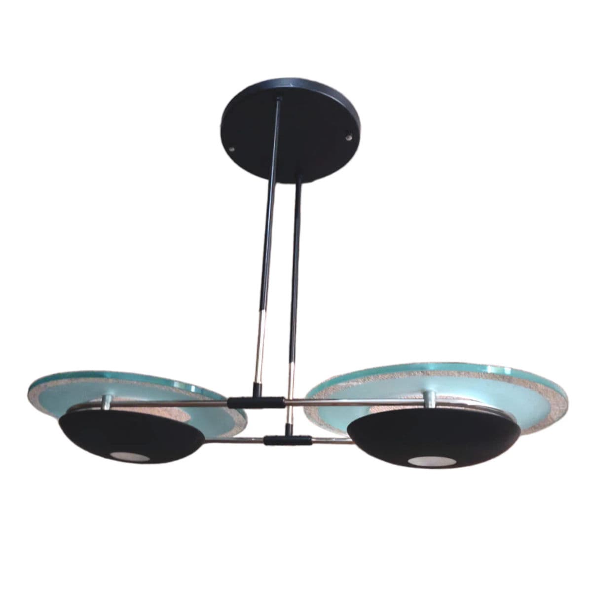 90s Postmodern Black Metal & Glass Dbl Pendant Chandelier in the Manner of Arte Fontana - Thumbnail 5