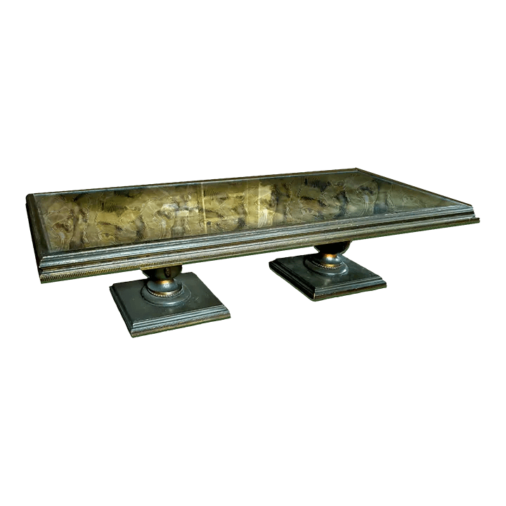 Long Rectangular Olive Green With Parcel Guilt Highlights on Two Sphere Pedestal Legs - Thumbnail 2