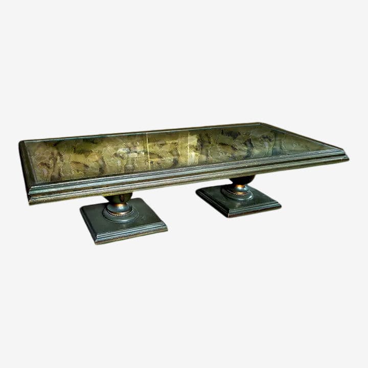 Long Rectangular Olive Green With Parcel Guilt Highlights on Two Sphere Pedestal Legs