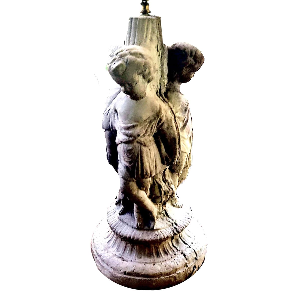 1960's Indoor Outdoor Unpainted Cast Solid Cement Putti Trio Table Lamp - Thumbnail 12