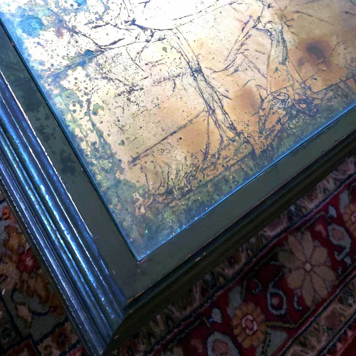 Long Rectangular Olive Green With Parcel Guilt Highlights on Two Sphere Pedestal Legs - Thumbnail 6