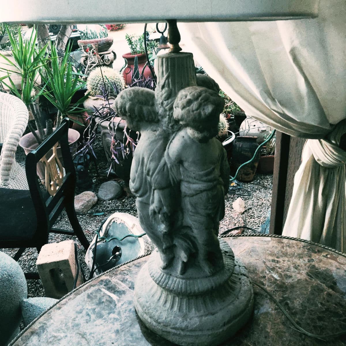 1960's Indoor Outdoor Unpainted Cast Solid Cement Putti Trio Table Lamp - Thumbnail 11