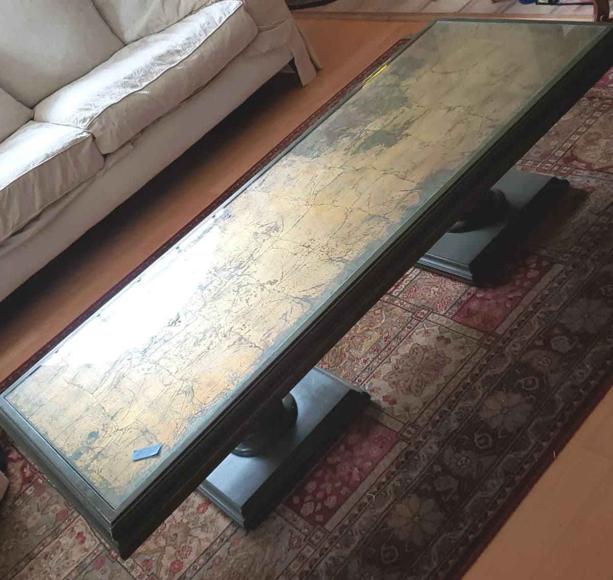 Long Rectangular Olive Green With Parcel Guilt Highlights on Two Sphere Pedestal Legs - Thumbnail 8