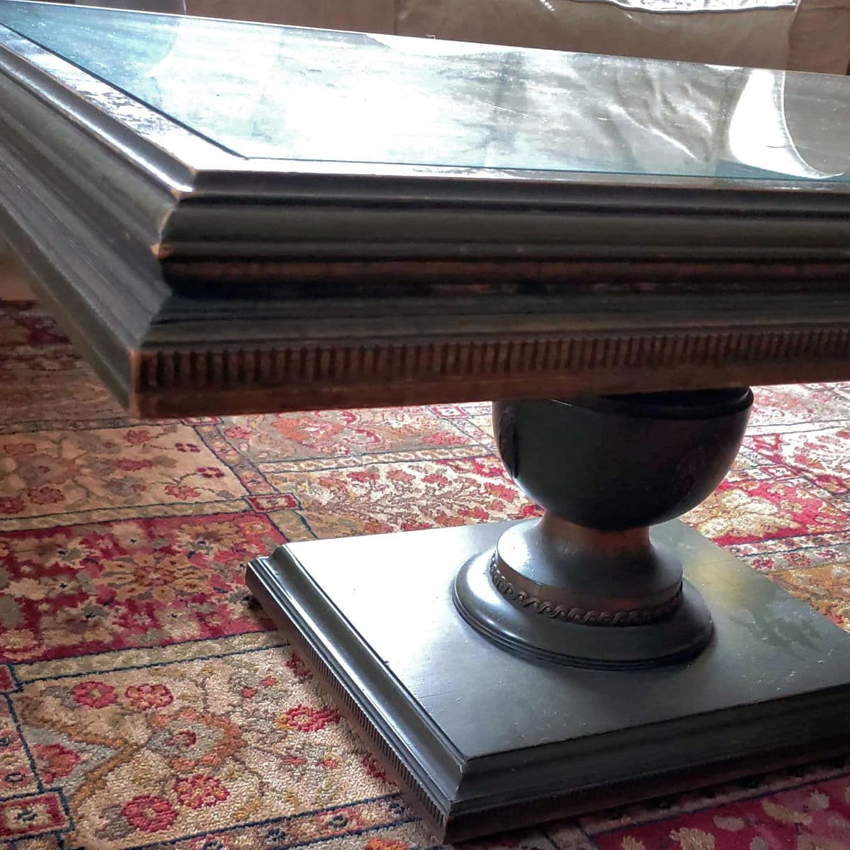 Long Rectangular Olive Green With Parcel Guilt Highlights on Two Sphere Pedestal Legs - Thumbnail 7