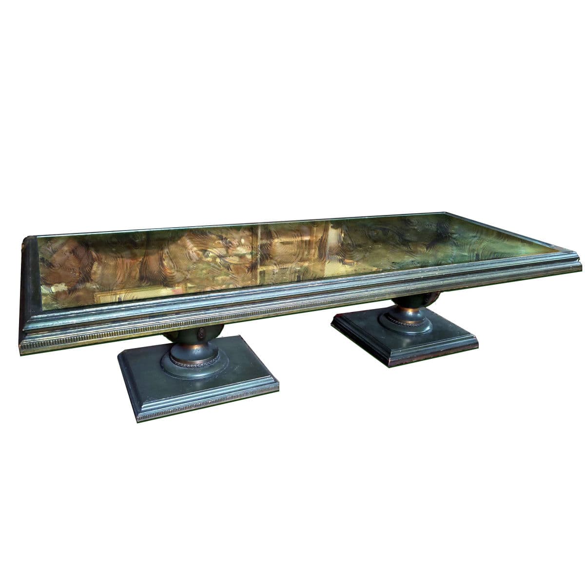 Long Rectangular Olive Green With Parcel Guilt Highlights on Two Sphere Pedestal Legs - Thumbnail 3