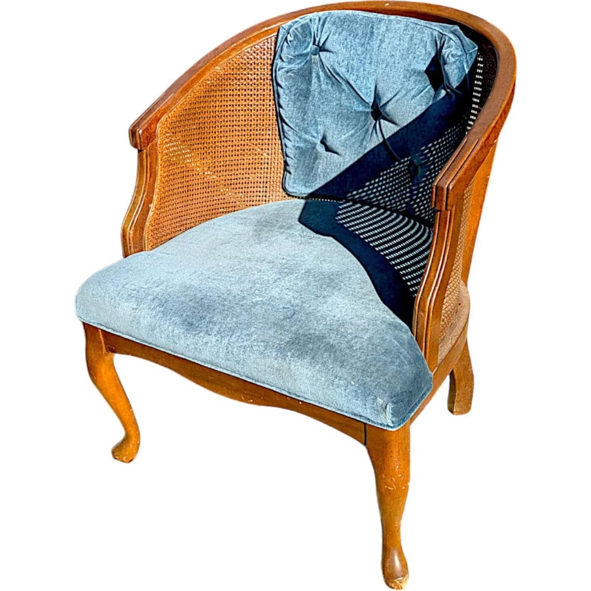 1970s Mid-Century Cane Barrel Back Lounge Chair With Cornflower Blue Velvet Upholstery - Thumbnail 5