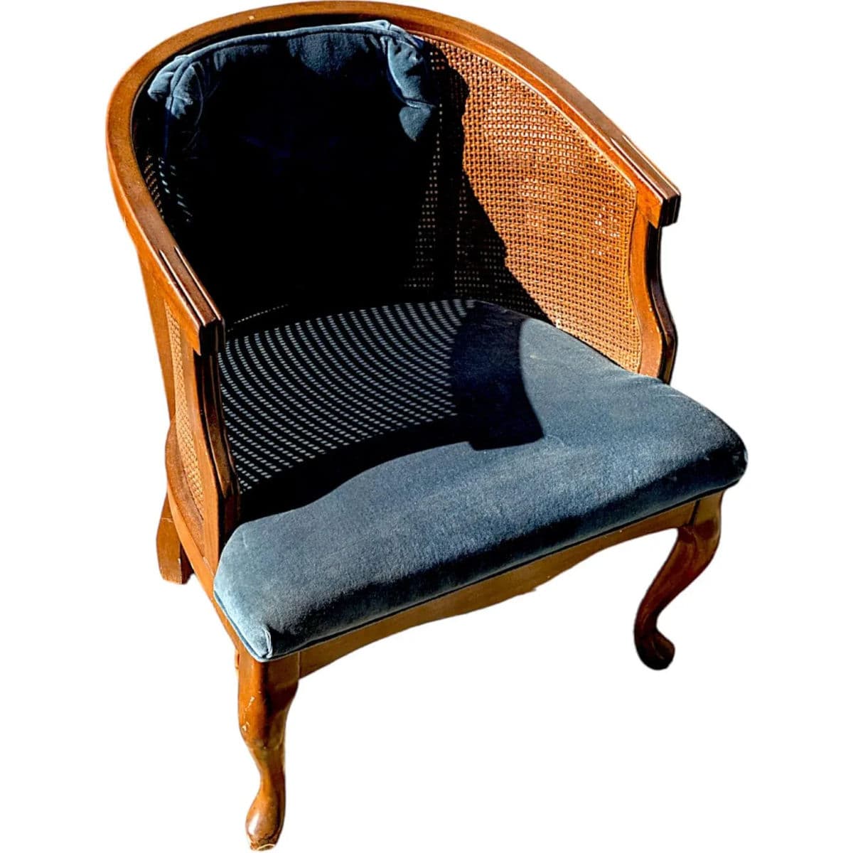 1970s Mid-Century Cane Barrel Back Lounge Chair With Cornflower Blue Velvet Upholstery - Thumbnail 4