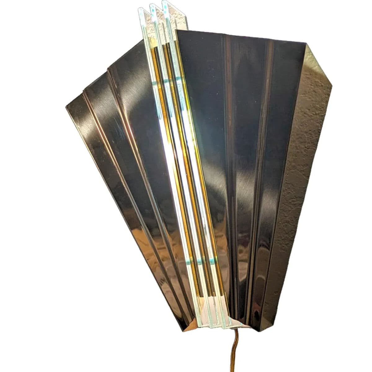 1980s French Art Deco Revival Skyscraper Style Brass and Glass Wall Sconces - Thumbnail 6