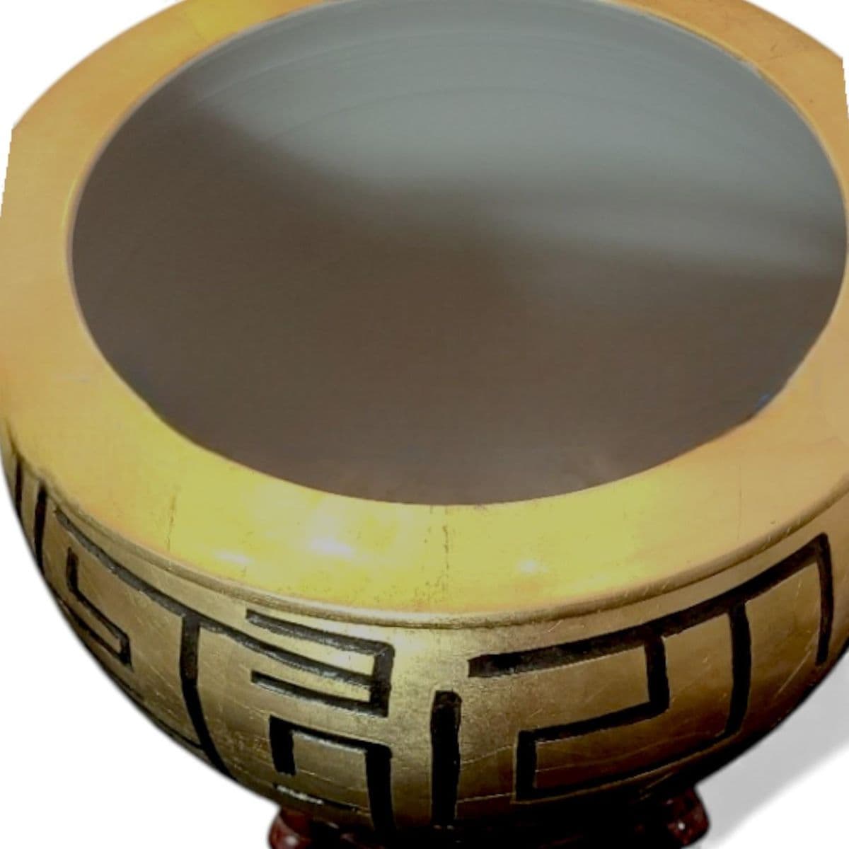 Bold Gilded Fishbowl Planter Incised Black Meander Motif on a Lacquered Wood Stand - Thumbnail 8