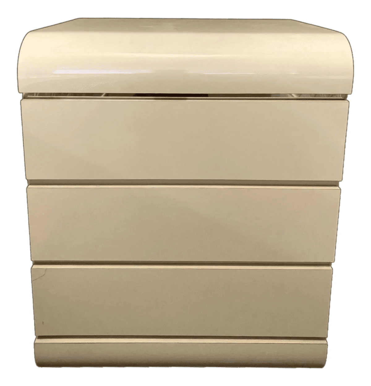 80's Postmodern 3 Drawer Waterfall Front Cream Toned Laminate Nightstand With Gold Toned Metal Highlights - Thumbnail 2