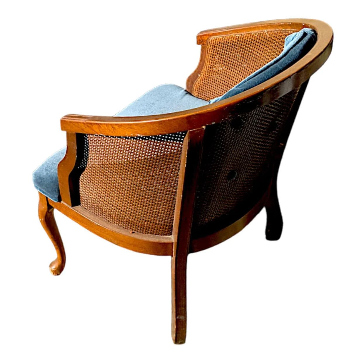 1970s Mid-Century Cane Barrel Back Lounge Chair With Cornflower Blue Velvet Upholstery - Thumbnail 7