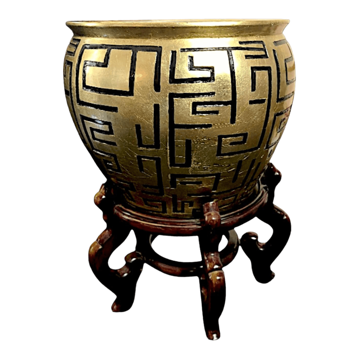 Bold Gilded Fishbowl Planter Incised Black Meander Motif on a Lacquered Wood Stand - Thumbnail 2
