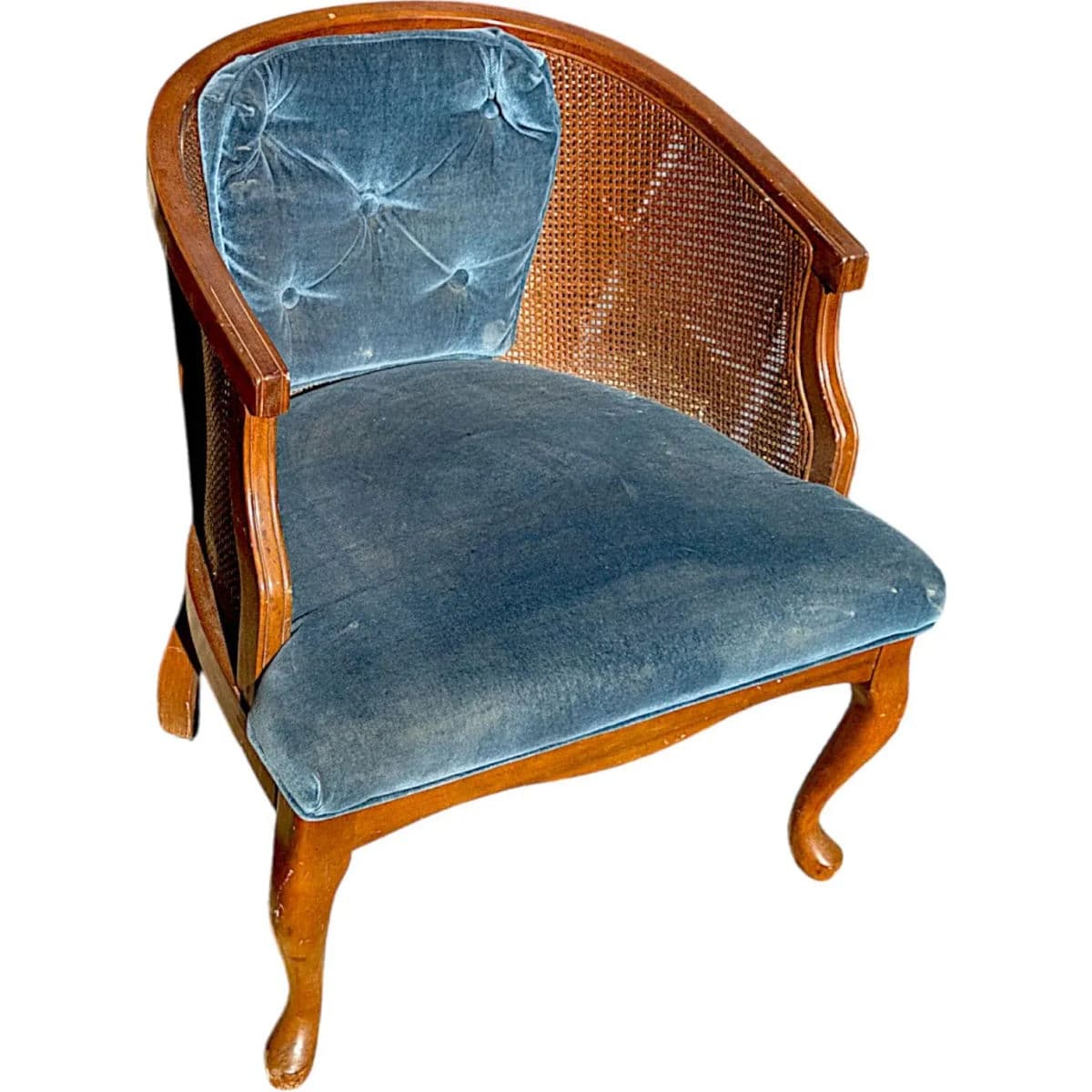 1970s Mid-Century Cane Barrel Back Lounge Chair With Cornflower Blue Velvet Upholstery - Thumbnail 3