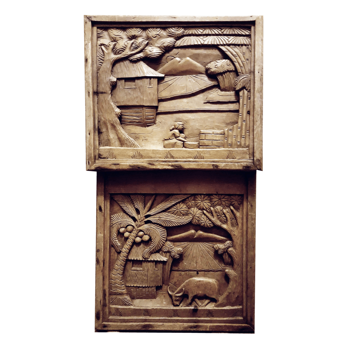 Javanese Hand Carved Solid Wood Storytelling Plaques - a Pair - Thumbnail 2