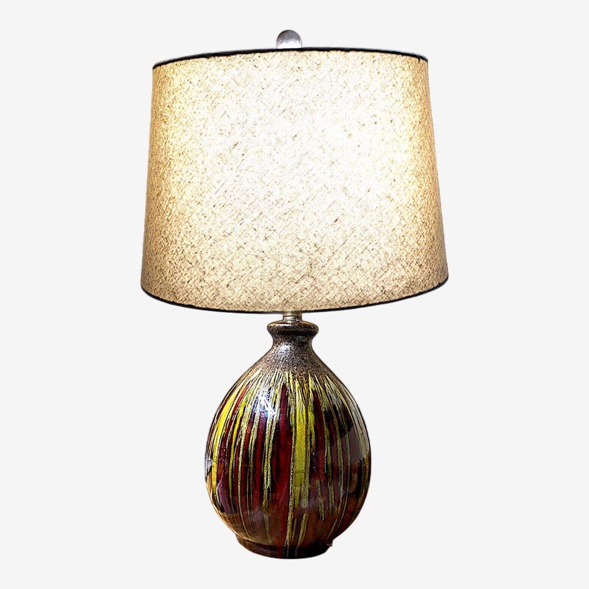 Earth-Toned Mid Century Ceramic Drip Glaze Lamp With Cream Tapered Drum Shaped Shade
