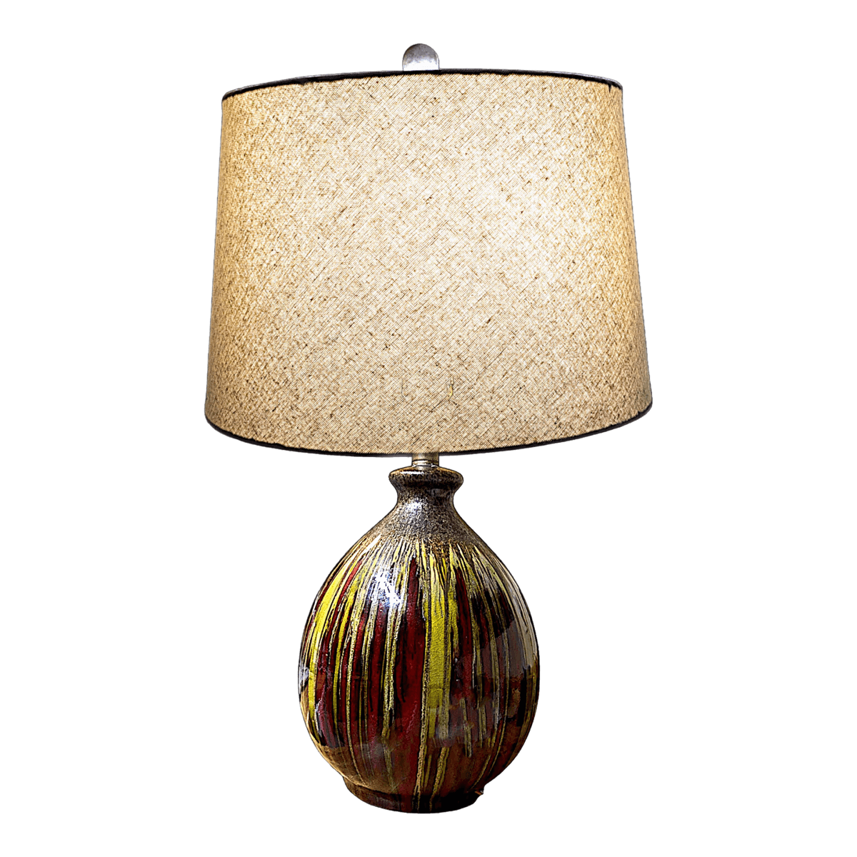 Earth-Toned Mid Century Ceramic Drip Glaze Lamp With Cream Tapered Drum Shaped Shade - Thumbnail 2