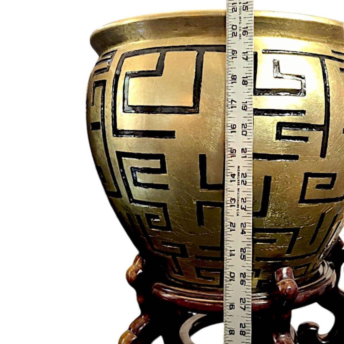 Bold Gilded Fishbowl Planter Incised Black Meander Motif on a Lacquered Wood Stand - Thumbnail 7