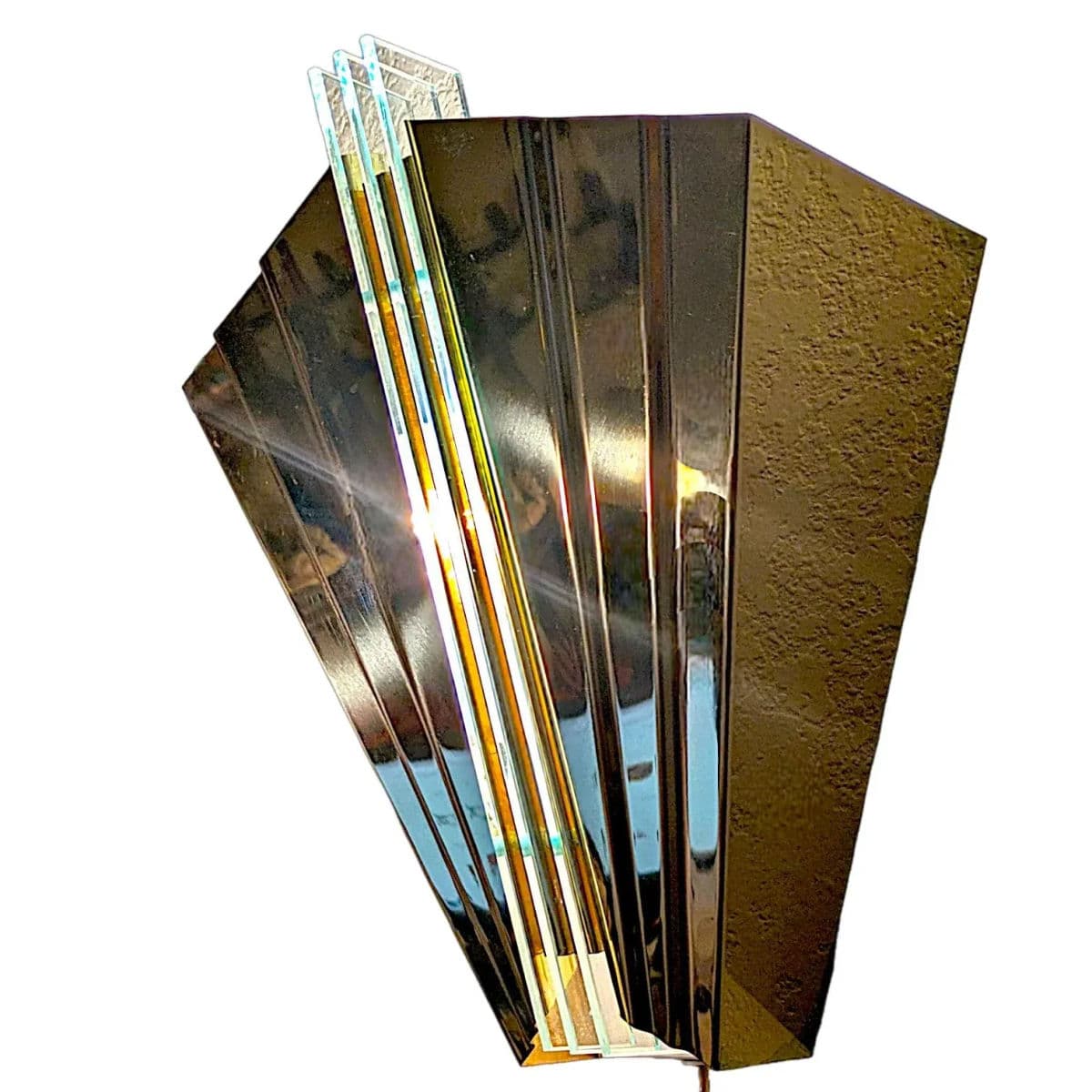 1980s French Art Deco Revival Skyscraper Style Brass and Glass Wall Sconces - Thumbnail 4