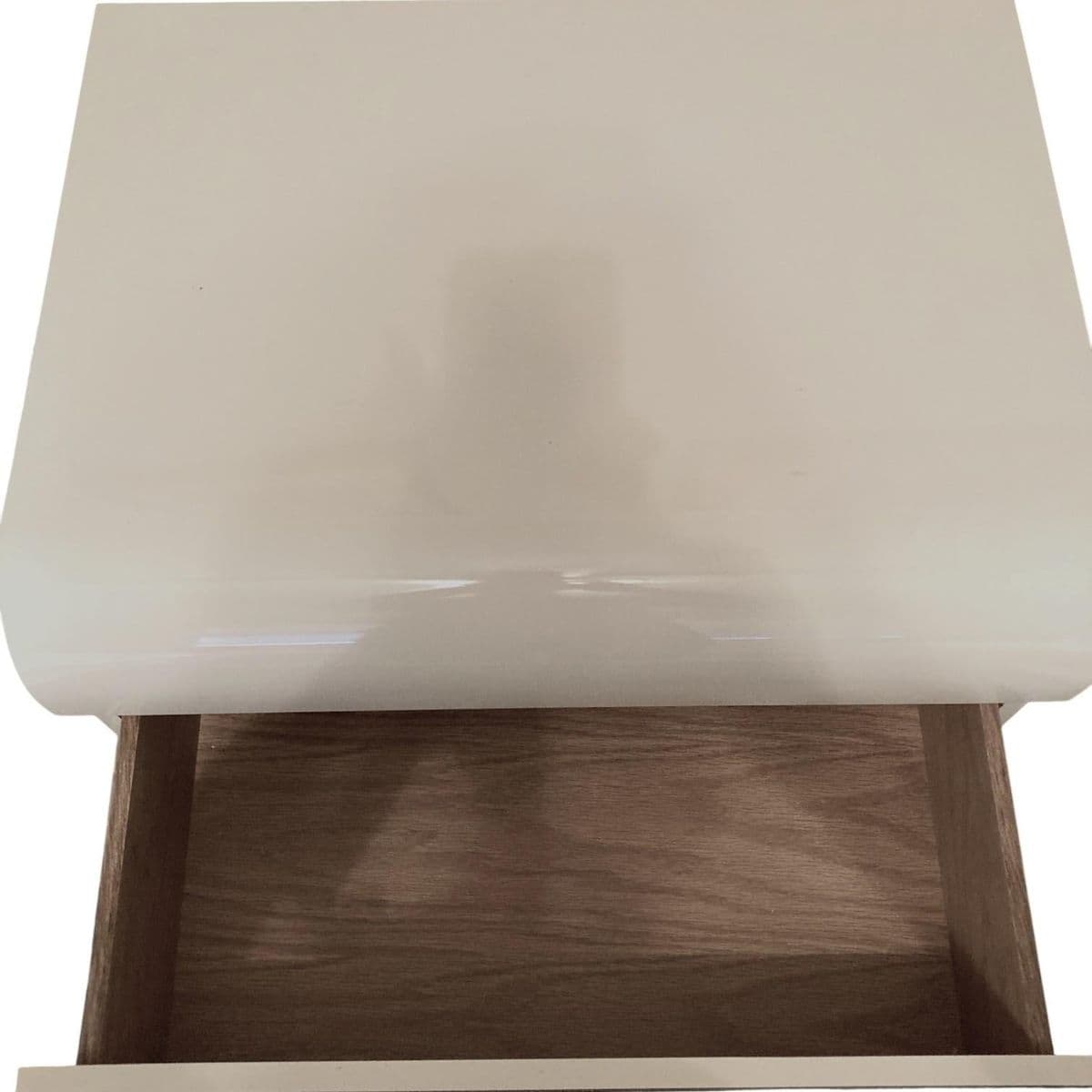 80's Postmodern 3 Drawer Waterfall Front Cream Toned Laminate Nightstand With Gold Toned Metal Highlights - Thumbnail 7