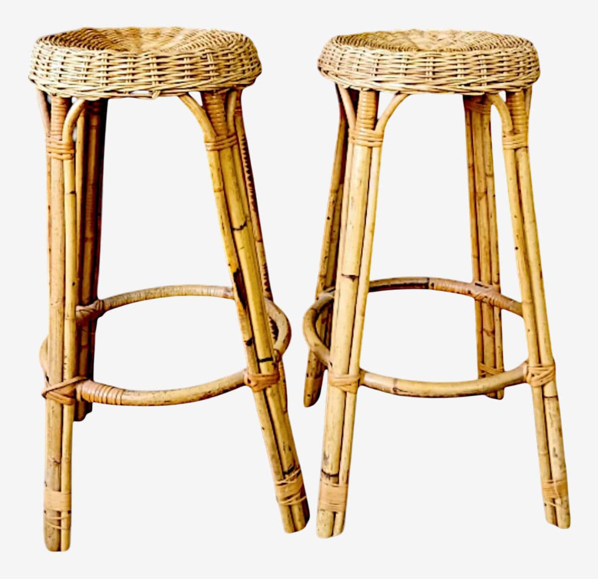 Pair of Vintage Bamboo & Wicker Counter Stools – Effortless Coastal Vibe