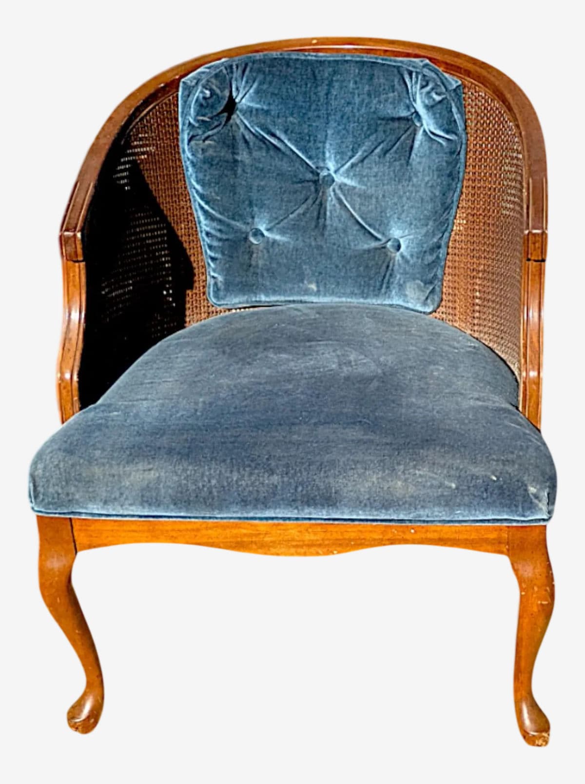 1970s Mid-Century Cane Barrel Back Lounge Chair With Cornflower Blue Velvet Upholstery