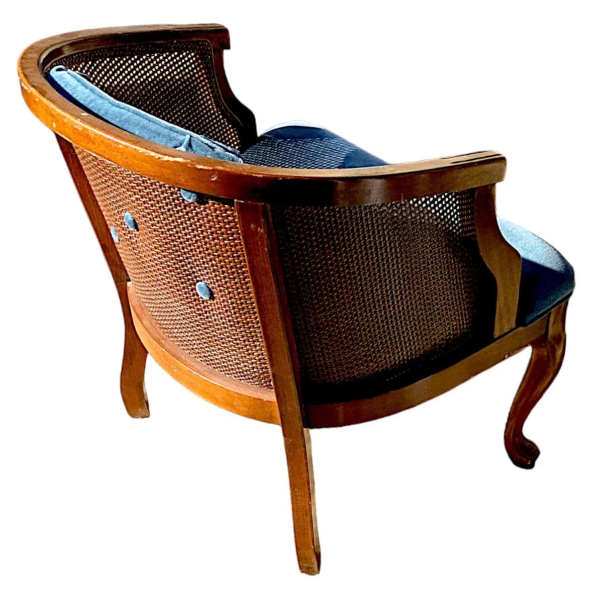 1970s Mid-Century Cane Barrel Back Lounge Chair With Cornflower Blue Velvet Upholstery - Thumbnail 6