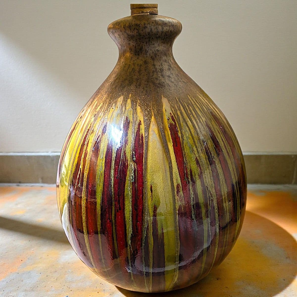 Earth-Toned Mid Century Ceramic Drip Glaze Lamp With Cream Tapered Drum Shaped Shade - Thumbnail 8