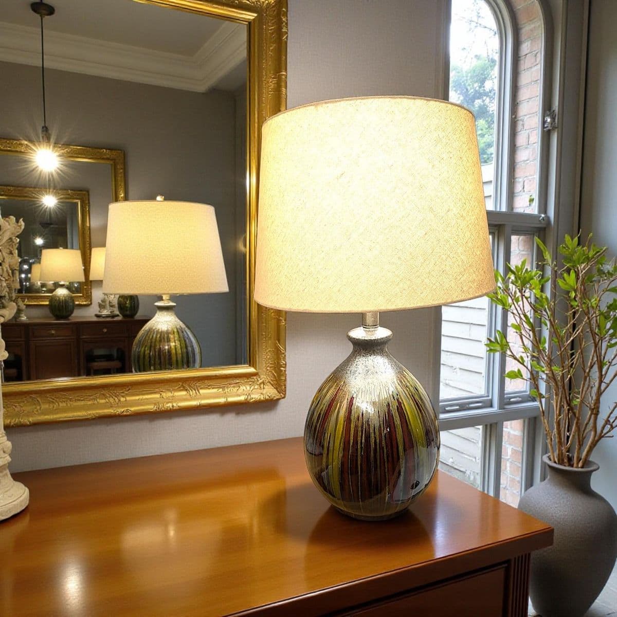 Earth-Toned Mid Century Ceramic Drip Glaze Lamp With Cream Tapered Drum Shaped Shade - Thumbnail 4