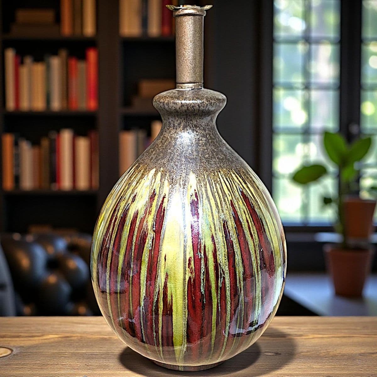 Earth-Toned Mid Century Ceramic Drip Glaze Lamp With Cream Tapered Drum Shaped Shade - Thumbnail 7