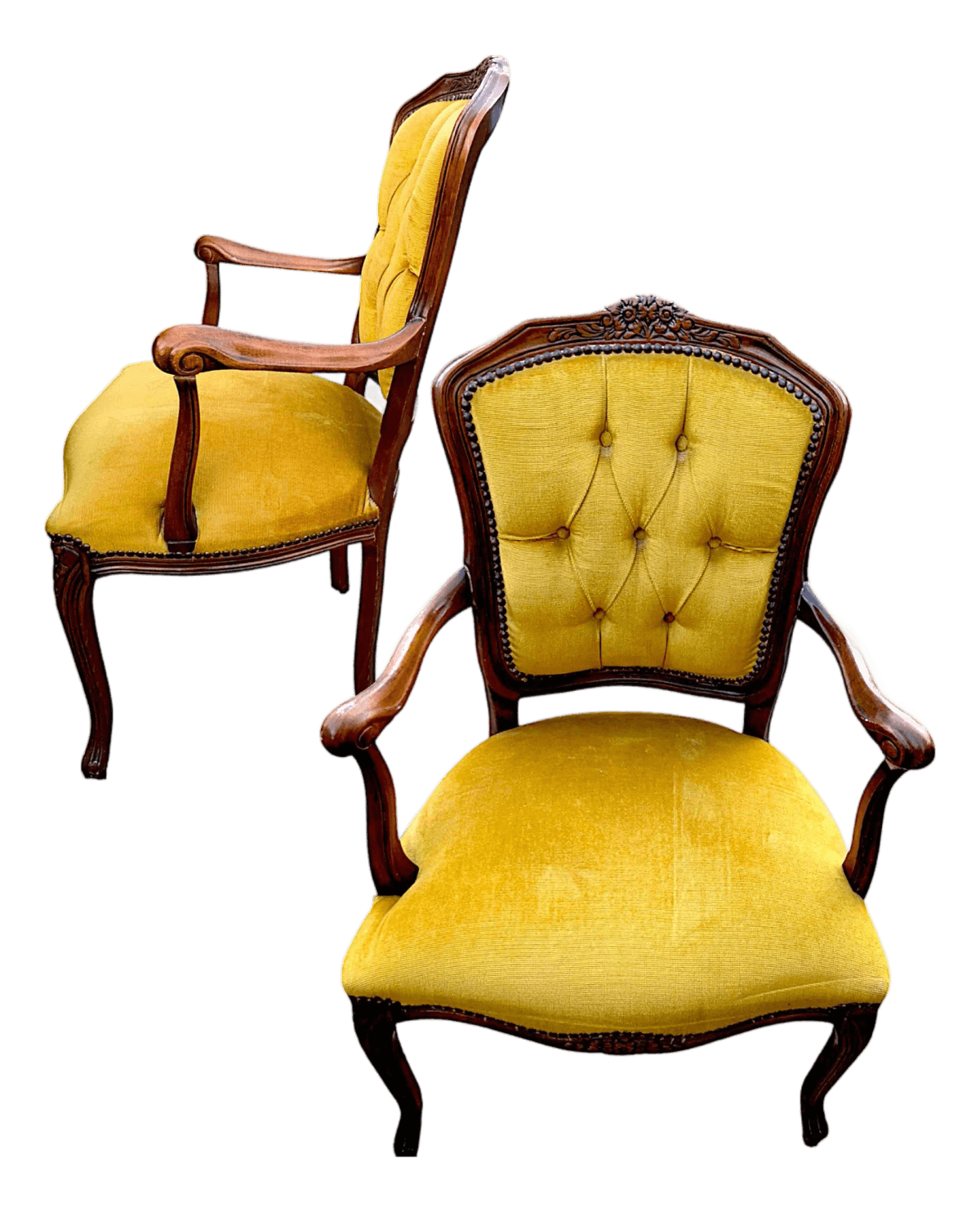1970s Weiman/Warren Lloyd Louis XV Style Bergere Chairs Tuft Upholstered in Goldenrod Velvet - A Pair - Thumbnail 2