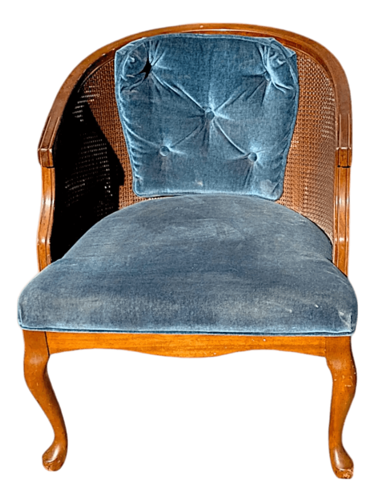 1970s Mid-Century Cane Barrel Back Lounge Chair With Cornflower Blue Velvet Upholstery - Thumbnail 2