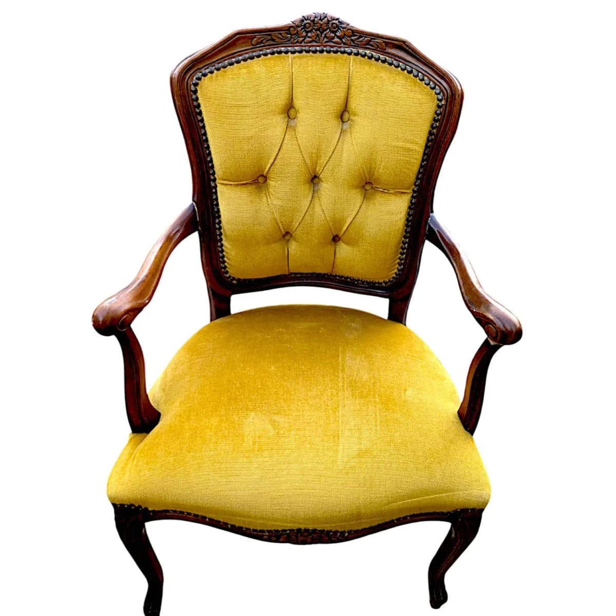 1970s Weiman/Warren Lloyd Louis XV Style Bergere Chairs Tuft Upholstered in Goldenrod Velvet - A Pair - Thumbnail 7