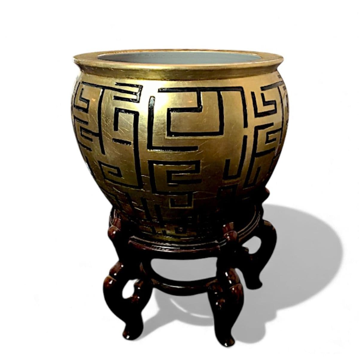 Bold Gilded Fishbowl Planter Incised Black Meander Motif on a Lacquered Wood Stand - Thumbnail 3