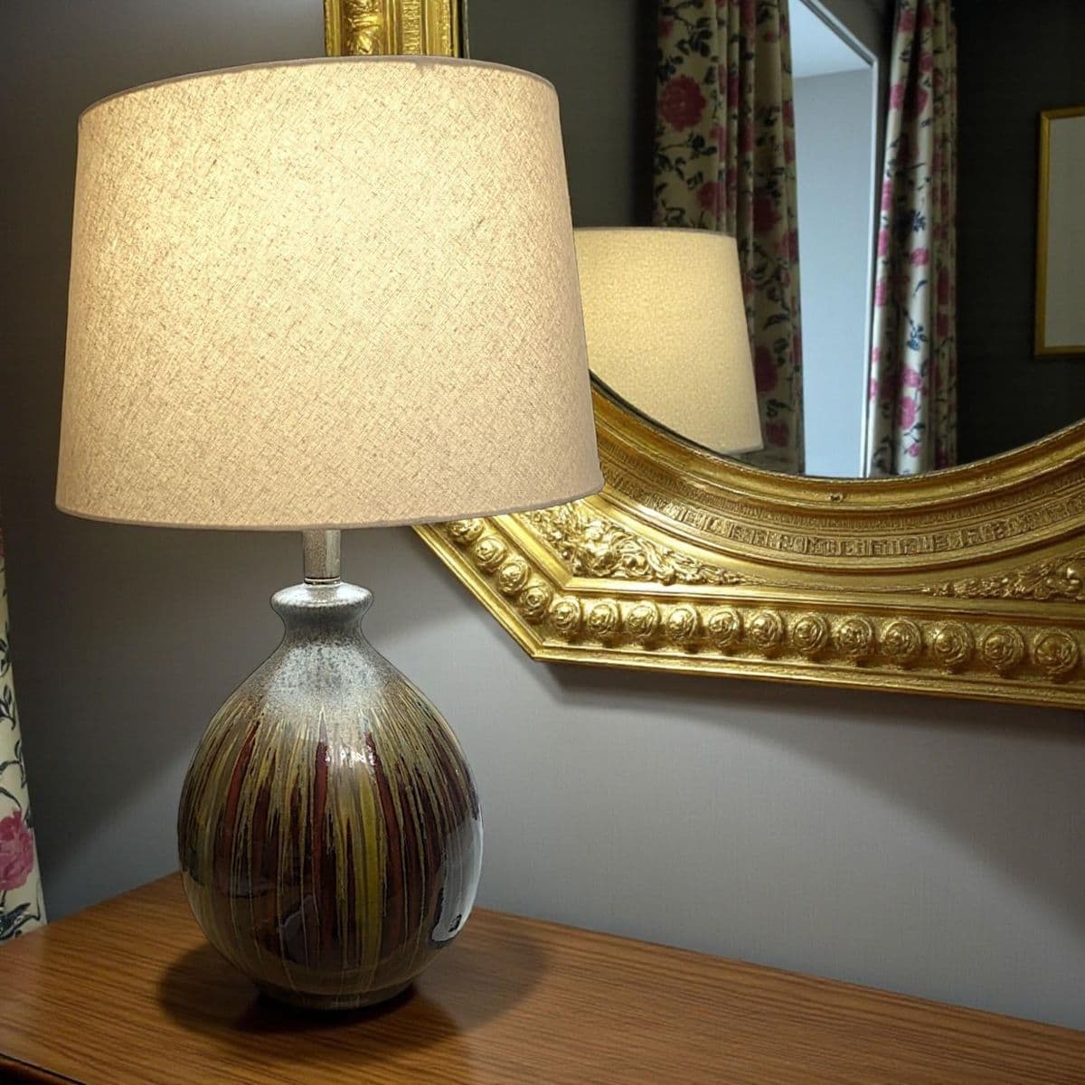 Earth-Toned Mid Century Ceramic Drip Glaze Lamp With Cream Tapered Drum Shaped Shade - Thumbnail 3
