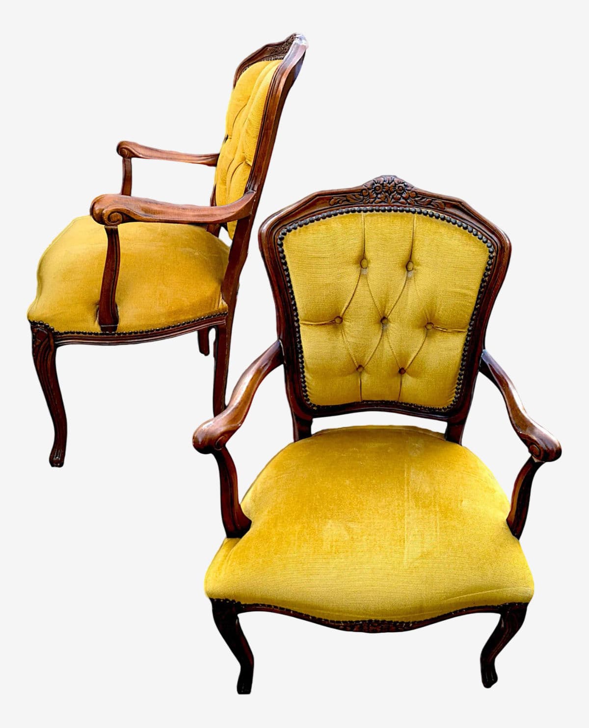 1970s Weiman/Warren Lloyd Louis XV Style Bergere Chairs Tuft Upholstered in Goldenrod Velvet - A Pair